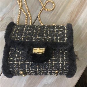 Small black tweed bag with gold chain strap